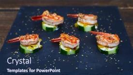  Presentation with well - Audience pleasing slide deck consisting of close-up of well-cooked aromatic shrimps on grilled zucchinis with white sauce backdrop and a navy blue colored foreground