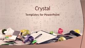  Presentation with front desk - Audience pleasing PPT theme consisting of close up of white business office desk with laptop tablet in front of brown wall background full of pie charts and numbers backdrop and a lemonade colored foreground