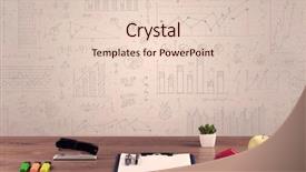  Presentation with front desk - Beautiful PPT theme featuring close up of white business office desk with laptop tablet in front of brown wall background full of pie charts and numbers backdrop and a lemonade colored foreground