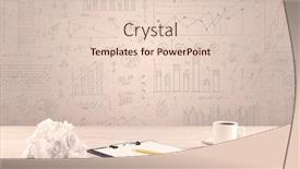  Presentation with front desk - Presentation with close up of white business office desk with laptop tablet in front of brown wall background full of pie charts and numbers background and a lemonade colored foreground