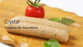  Presentation with sausages - PPT theme enhanced with close up of white sausages fresh basil and cherry tomatoes on wooden cutting board background and a yellow colored foreground