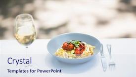  Presentation with cutlery food - Slide set featuring close-up of wine glass with food in bowl and cutlery arranged on table in a restaurant background and a sky blue colored foreground