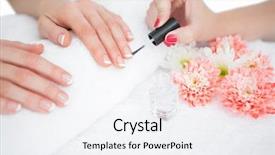  Presentation with finger nail - Presentation theme enhanced with close-up of woman applying nail varnish to finger nails at nail salon background and a sky blue colored foreground