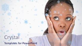  Presentation with falling snow - Cool new PPT layouts with close up of woman being afraid against a white background against snow falling backdrop and a sky blue colored foreground