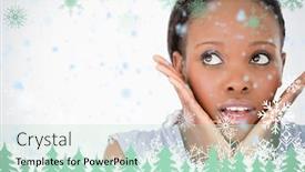  Presentation with snowflakes - Slides consisting of close up of woman being afraid on white background against snowflakes and fir trees in green background and a soft green colored foreground