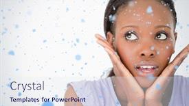  Presentation with falling snow - PPT theme with close up of woman being afraid on white background against snow falling background and a sky blue colored foreground