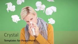  Presentation with virus - PPT theme enhanced with close up of woman blowing her nose against blue background coronavirus covid19 virus spreading and infecting background and a gold colored foreground