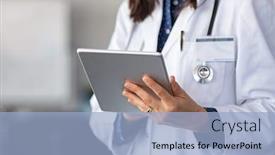  Presentation with using digital tablet - Theme having close-up-of-woman-doctor background and a light blue colored foreground