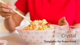  Presentation with chopsticks - Amazing slide set having close up of woman eating asian rice using chopsticks backdrop and a lemonade colored foreground
