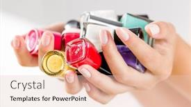  Presentation with nail - Cool new PPT layouts with close up of woman hands with nail polishes of different colors backdrop and a lemonade colored foreground