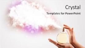  Presentation with colorful hands - PPT theme having close up of woman hands spraying colorful cloud from beautiful perfume bottle background and a sky blue colored foreground
