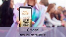  Presentation with festival music - Audience pleasing slide set consisting of close up of woman holding mobile ticket on screen to camera as she arrives at entrance to music festival backdrop and a light blue colored foreground