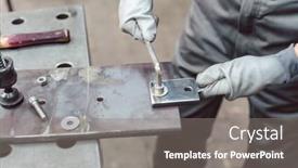  Presentation with workshop - Colorful slide set enhanced with close-up-of-woman-metalworker backdrop and a gray colored foreground