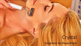  Presentation with anti aging - Beautiful slides featuring close up of woman receiving electric facial massage on microdermabrasion equipment at beauty salon hardware cosmetology for anti-aging procedure backdrop and a gold colored foreground