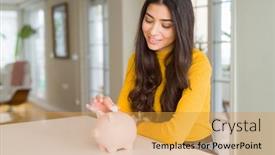 Presentation with investment - Amazing presentation theme having close up of woman smiling putting a coin inside piggy bank as investment backdrop and a gold colored foreground