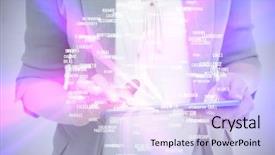  Presentation with skills - Presentation theme featuring close up of woman using tablet against sphere of skills background and a light blue colored foreground