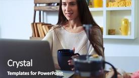  Presentation with silver cup - Colorful slide deck enhanced with close-up of woman using laptop drinking a cup of tea while working on a silver laptop sitting in a kitchen working smiling young woman using laptop in the kitchen at home backdrop and a dark gray colored foreground