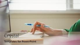  Presentation with social isolation - PPT theme having close up of woman working on laptop at table in home working from home in quarantine lockdown social distancing self isolation background and a coral colored foreground