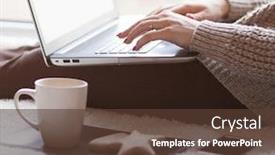  Presentation with internet communication - PPT theme featuring close up of woman with laptop typing and browsing internet social media communication concept background and a tawny brown colored foreground