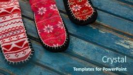  Presentation with socks - Audience pleasing theme consisting of close up of woolen socks on wooden table backdrop and a ocean colored foreground