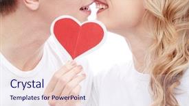  Presentation with faces - Colorful presentation theme enhanced with close-up of young amorous couple touching by their faces while girl holding red paper heart backdrop and a sky blue colored foreground