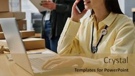  Presentation with front desk - Slide set consisting of close-up-of-young-female background and a coral colored foreground