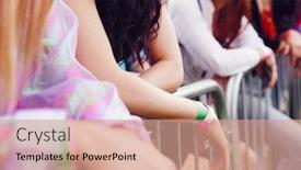  Presentation with music festival - Presentation theme consisting of close up of young friends waiting behind barrier at entrance to music festival site background and a coral colored foreground