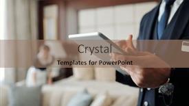  Presentation with using digital tablet - PPT theme with close-up-of-young-male background and a coral colored foreground