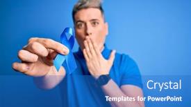  Presentation with colon cancer - Slide set having close-up-of-young-man background and a teal colored foreground