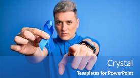  Presentation with colon cancer - Slide set featuring close-up-of-young-man background and a teal colored foreground