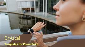  Presentation with smartwatch - PPT theme featuring close-up-of-young-woman background and a  colored foreground