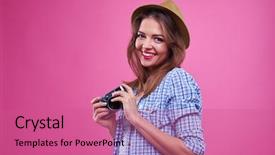  Presentation with retro - Colorful slide set enhanced with close-up of young woman with a silver retro camera in hands girl wearing checked shirt and straw hat isolated over pink background backdrop and a coral colored foreground