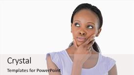  Presentation with thinking - PPT theme featuring close up of young woman thinking about something on a white background background and a light gray colored foreground