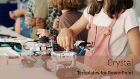  Presentation with robot toy - Presentation design consisting of close-up-of-youthful-schoolgirl background and a coral colored foreground