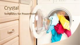  Presentation with clothes washing machine - PPT theme consisting of close-up on a washing machine with clean colorful clothes background and a lemonade colored foreground