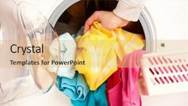  Presentation with clothes washing machine - Theme enhanced with close-up on a washing machine with clean colorful clothes background and a coral colored foreground