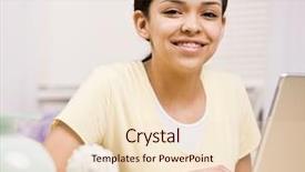  Presentation with cheerful stylish city girl using - Beautiful PPT layouts featuring close up operating computer - happy confident girl with braces backdrop and a  colored foreground