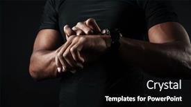  Presentation with black man - Amazing slide deck having close-up photo of african man in black t-shirt check out time at black wristwatch over black background backdrop and a black colored foreground