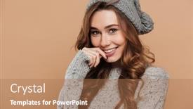  Presentation with pretty girl - Audience pleasing slide set consisting of close-up photo of cheerful pretty girl in knitted hat looking at camera isolated on beige background backdrop and a coral colored foreground