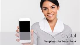  Presentation with photo display - Beautiful PPT theme featuring close-up photo of young attractive woman in uniform showing blank mobile screen selective focus on display backdrop and a light gray colored foreground