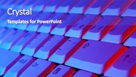  Presentation with notebook - Colorful presentation theme enhanced with close-up photo of the keyboard of an open notebook blue red tone backdrop and a cobalt blue colored foreground