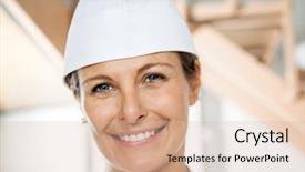  Presentation with butcher - PPT theme with close-up portrait of beautiful mature butcher smiling in butchery background and a soft green colored foreground