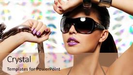  Presentation with glamour - Amazing PPT theme having close-up portrait of beautiful girl with glamour sunglasses on her face backdrop and a coral colored foreground