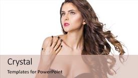  Presentation with makeup - Slides with close up portrait of beautiful brunette woman model with fresh daily makeup posing over gray background background and a coral colored foreground