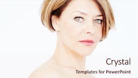  Presentation with beauty makeup - Slide set featuring close up portrait of beautiful middle aged woman with short brown hair red lips and fresh makeup over white background - beauty concept background and a lemonade colored foreground