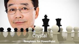  Presentation with black queen - Audience pleasing slide deck consisting of close-up portrait of confident man wearing eyeglasses against black king and queen surrounded by white pawns backdrop and a coral colored foreground