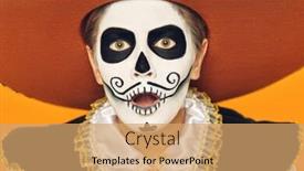  Presentation with sugar skull - Cool new PPT theme with close-up portrait of excited emotional boy with sugar skull makeup looking at the camera bright yellow background halloween dia de los muertos day of the dead backdrop and a coral colored foreground