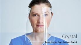  Presentation with shield - Presentation theme consisting of close-up-portrait-of-female background and a light blue colored foreground