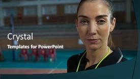  Presentation with volleyball - Slide deck featuring close-up portrait of female volleyball coach standing at court background and a tawny brown colored foreground