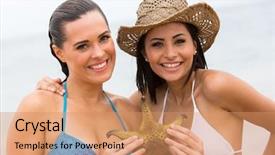  Presentation with starfish - Theme with close up portrait of happy two friends holding starfish on beach background and a coral colored foreground